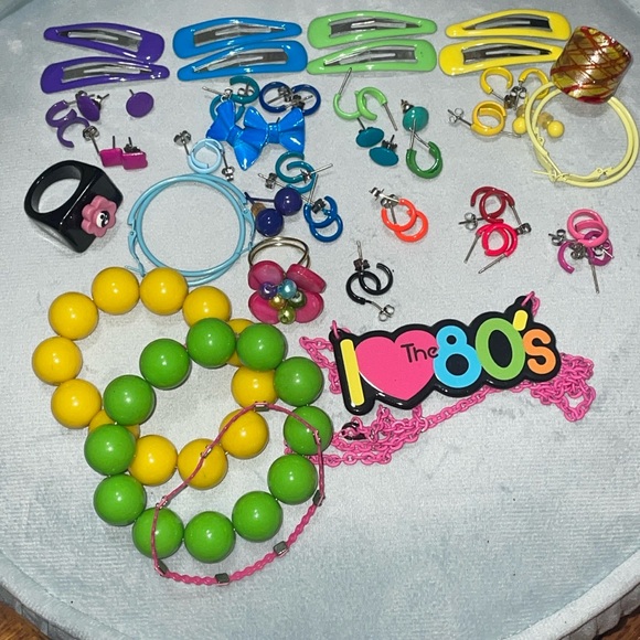 Jewelry - REAL VINTAGE 80’s Mega Bundle Bracelets Earrings Necklace Rings Hair Barrettes